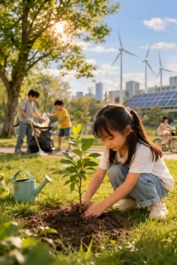 child planting a tree in a clean environment representing a sustainable future