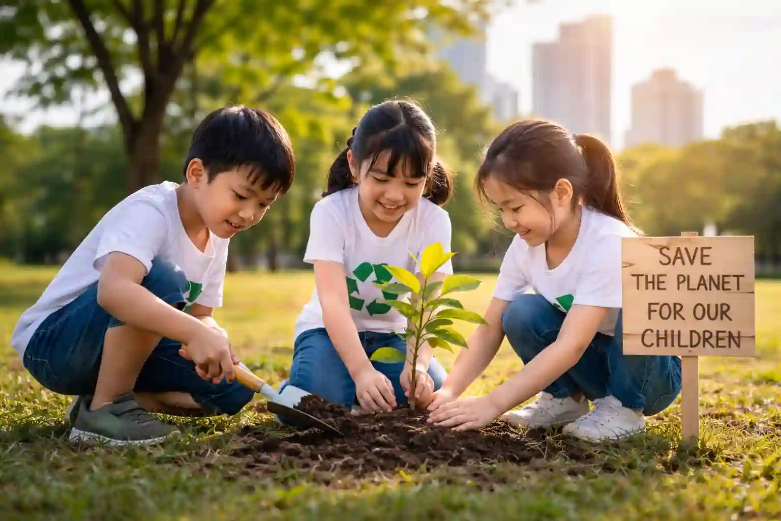children planting a tree representing a cleaner and pollution-free future for kids