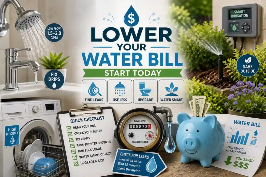 Ways to lower your water bill by fixing leaks, using efficient fixtures, and reducing household water use