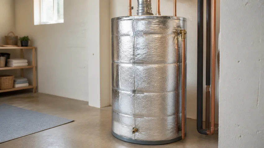 Silver reflective insulation blanket wrapped around a residential electric water heater in a utility room