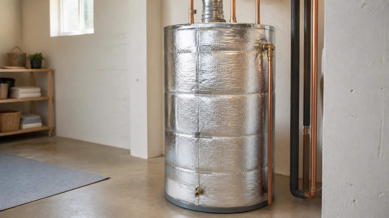 Silver reflective insulation blanket wrapped around a residential electric water heater in a utility room