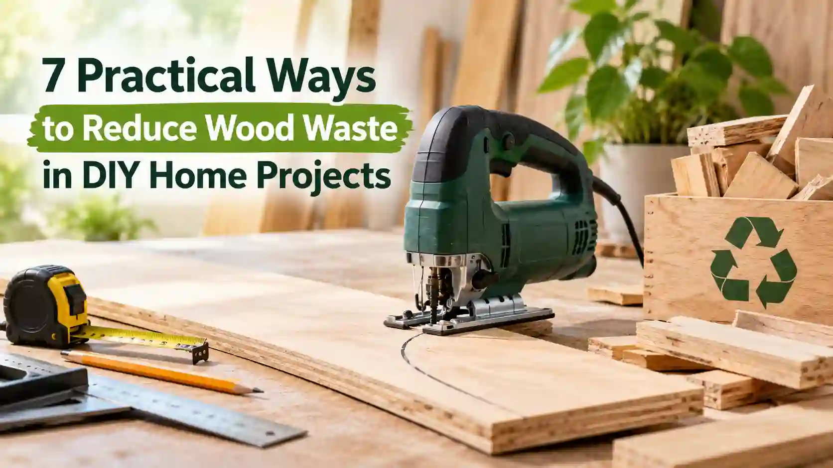Jigsaw on a plywood workbench with measuring tools and reusable wood scraps, illustrating ways to reduce wood waste in DIY home projects.